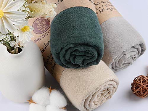 Meracorallo Muslin Swaddle Blanket Silky Soft Receiving Blanket Neutral Swaddle Wrap for Baby Boys and Girls, 47 x 47 inches, Set of 3 Solid Color (Green+Beige+Gray)