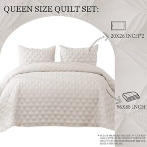 Exclusivo Mezcla Bed Quilt Set Queen Size for All Seasons, Stitched Pattern Quilted Bedspread/ Bedding Set/Coverlet with 2 Pillowshams, Lightweight and Soft, Bone