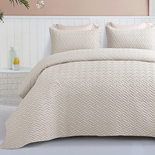 Exclusivo Mezcla 3-Piece Queen Size Quilt Set with Pillow Shams, Basket Quilted Bedspread/Coverlet/Bed Cover(96x90 Inches, Bone) -Soft, Lightweight and Reversible