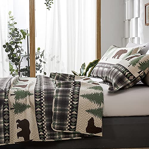 Quilt Set Queen Size Rustic Bedding Lodge Bed Quilts Queen Plaid Quilt Bed Spread Country Cabin Brown Bear Queen Quilt Bedding Lightweight Reversible Quilts Home Bedspread Coverlet with 2 Pillow Shams