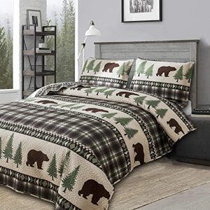 Quilt Set Queen Size Rustic Bedding Lodge Bed Quilts Queen Plaid Quilt Bed Spread Country Cabin Brown Bear Queen Quilt Bedding Lightweight Reversible Quilts Home Bedspread Coverlet with 2 Pillow Shams