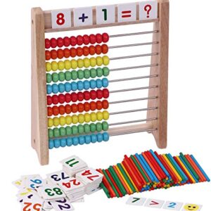 Cltoyvers Wooden Abacus for Kids Math with 100 Counting Sticks and Number Toys Cards 1-100, Educational Math Games Preschool Learning Toys, Math Manipulatives for Elementary 1st 2nd Grade