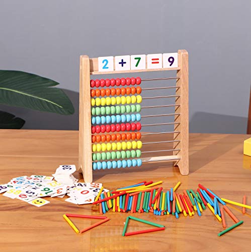 Cltoyvers Wooden Abacus for Kids Math with 100 Counting Sticks and Number Toys Cards 1-100, Educational Math Games Preschool Learning Toys, Math Manipulatives for Elementary 1st 2nd Grade