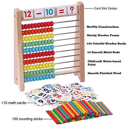 Cltoyvers Wooden Abacus for Kids Math with 100 Counting Sticks and Number Toys Cards 1-100, Educational Math Games Preschool Learning Toys, Math Manipulatives for Elementary 1st 2nd Grade