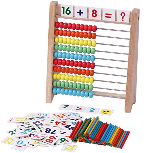 Cltoyvers Wooden Abacus for Kids Math with 100 Counting Sticks and Number Toys Cards 1-100, Educational Math Games Preschool Learning Toys, Math Manipulatives for Elementary 1st 2nd Grade