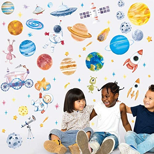 6 Sheets Space Astronaut Spacecraft Wall Decal Space Planet Wall Sticker Solar System Wall Decals Galaxy Astronaut Rocket Alien Wall Mural for Boys Kids Classroom Nursery Bedroom Home Decoration