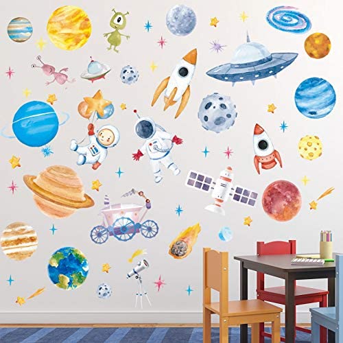 6 Sheets Space Astronaut Spacecraft Wall Decal Space Planet Wall Sticker Solar System Wall Decals Galaxy Astronaut Rocket Alien Wall Mural for Boys Kids Classroom Nursery Bedroom Home Decoration