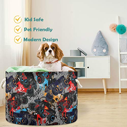 visesunny Monster Truck Car Pattern Laundry Baskets Fabric Storage Bin Storage Box Collapsible Storage Basket Toy Clothes Shelves Basket for Bathroom,Bedroom,Nursery,Closet,Office