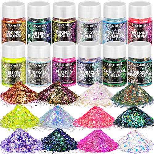 Chameleon Chunky Glitter, LEOBRO 12 Color Holographic Craft Glitter for Resin, Nail Glitter for Body Face Eye, Epoxy Resin Flake Sequin Glitter for Crafts Resin Tumbler Keychain Jewelry Making