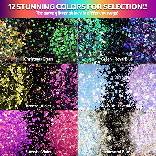 Chameleon Chunky Glitter, LEOBRO 12 Color Holographic Craft Glitter for Resin, Nail Glitter for Body Face Eye, Epoxy Resin Flake Sequin Glitter for Crafts Resin Tumbler Keychain Jewelry Making