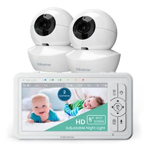 Babysense 5" HD Split-Screen Baby Monitor, Video Baby Monitor with Camera and Audio, Two HD Cameras with Remote PTZ, Night Light, 960ft Range, Two-Way Audio, 4X Zoom, Night Vision, 4000mAh Battery