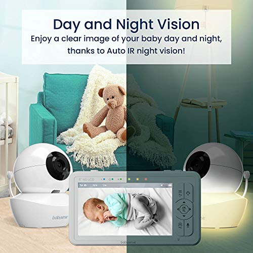 Babysense 5" HD Split-Screen Baby Monitor, Video Baby Monitor with Camera and Audio, Two HD Cameras with Remote PTZ, Night Light, 960ft Range, Two-Way Audio, 4X Zoom, Night Vision, 4000mAh Battery