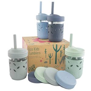 elk and friends kids & toddler cups | the original glass mason jars 8 oz with silicone straws with stoppers | smoothie cups | spill proof sippy cups for toddlers