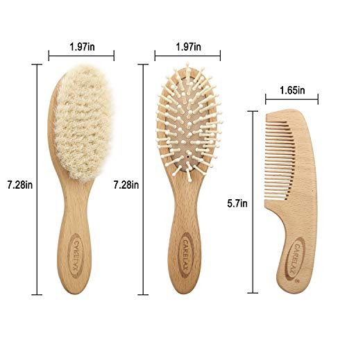 Baby Hair Brush & Comb Set, Organic Wooden Hairbrush Natural Goat Bristles 3-Piece for Newborns & Toddlers, Ideal for Cradle Cap & Itching, Perfect Shower and Registry Gift for Infant, Toddler, Kids