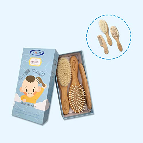 Baby Hair Brush & Comb Set, Organic Wooden Hairbrush Natural Goat Bristles 3-Piece for Newborns & Toddlers, Ideal for Cradle Cap & Itching, Perfect Shower and Registry Gift for Infant, Toddler, Kids