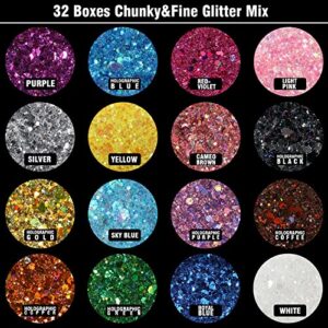 Festival Chunky and Fine Glitter Mix, Teenitor 32 Colors Chunky Sequins & Fine Glitter Powder Mix, Iridescent Glitter Flakes, Cosmetic Face Body Eye Hair Nail Art Resin Tumbler Glitter Loose Glitter