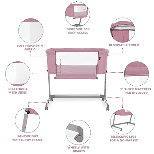 Dream On Me Seashell Bassinet & Bedside Sleeper in Rose, Lightweight Easy Folding and Height Adjustable Baby Bassinet, Mattress Pad Included, JPMA Certified