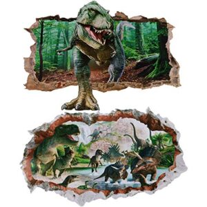 2 sheets dinosaur wall decals dinosaur forest wall stickers self adhesive 3d smashed wall arts removable wall mural decals for kids nursery bedroom living room (jumping dinosaurs)