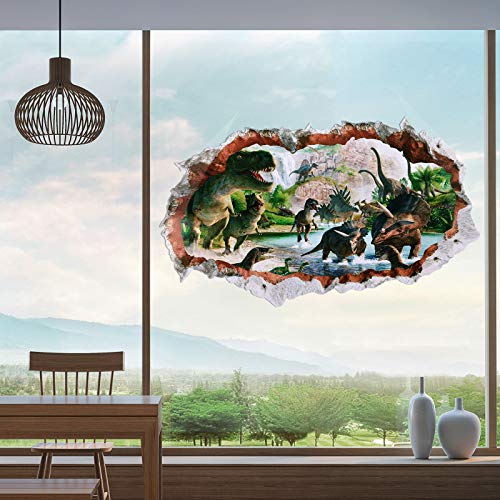 2 Sheets Dinosaur Wall Decals Dinosaur Forest Wall Stickers Self Adhesive 3D Smashed Wall Arts Removable Wall Mural Decals for Kids Nursery Bedroom Living Room (Jumping Dinosaurs)