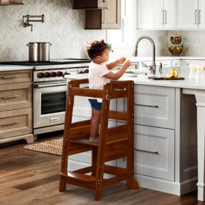 toetol bamboo toddler kitchen step stool helper standing tower height adjustable with anti-slip protection