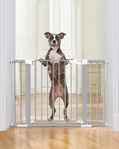 mom's choice awards winner-cumbor 29.7-46" auto close baby gate for stairs, easy install pressure/hardware mounted dog gates for the house indoor, easy walk thru wide safety pet gates for dogs, gray