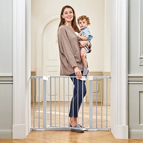 Mom's Choice Awards Winner-Cumbor 29.7-46" Auto Close Baby Gate for Stairs, Easy Install Pressure/Hardware Mounted Dog Gates for The House Indoor, Easy Walk Thru Wide Safety Pet Gates for Dogs, Gray