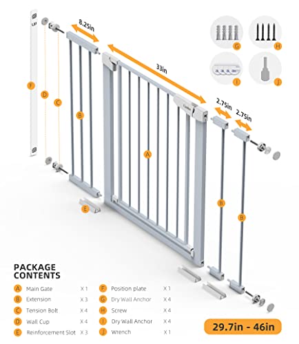 Mom's Choice Awards Winner-Cumbor 29.7-46" Auto Close Baby Gate for Stairs, Easy Install Pressure/Hardware Mounted Dog Gates for The House Indoor, Easy Walk Thru Wide Safety Pet Gates for Dogs, Gray