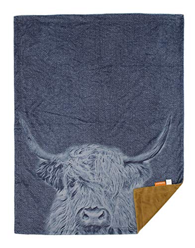 Dear Baby Gear Farm Deluxe Baby Blanket - Reversible Minky, Milestone & Newborn Gifts for Girls and Boys - Highland Cow on Denim Printed Baby Blanket & Khaki Minky Smooth Fabric, 40 x 30 Inches