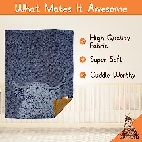 Dear Baby Gear Farm Deluxe Baby Blanket - Reversible Minky, Milestone & Newborn Gifts for Girls and Boys - Highland Cow on Denim Printed Baby Blanket & Khaki Minky Smooth Fabric, 40 x 30 Inches