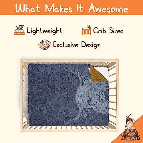 Dear Baby Gear Farm Deluxe Baby Blanket - Reversible Minky, Milestone & Newborn Gifts for Girls and Boys - Highland Cow on Denim Printed Baby Blanket & Khaki Minky Smooth Fabric, 40 x 30 Inches