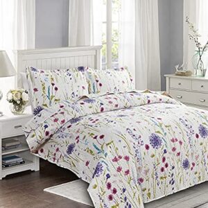 Jarson Floral Quilts Set Lightweight Spring Summer Bedspreads Full/Queen Size, 3Pcs Rustic Country Bedding Flowers Botanical Plant Reverisible Coverlets Pillow Shams