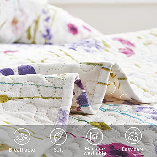 Jarson Floral Quilts Set Lightweight Spring Summer Bedspreads Full/Queen Size, 3Pcs Rustic Country Bedding Flowers Botanical Plant Reverisible Coverlets Pillow Shams