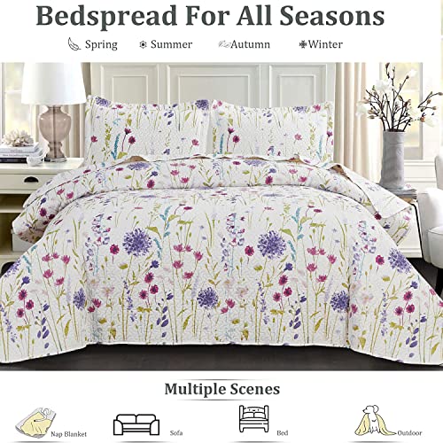 Jarson Floral Quilts Set Lightweight Spring Summer Bedspreads Full/Queen Size, 3Pcs Rustic Country Bedding Flowers Botanical Plant Reverisible Coverlets Pillow Shams