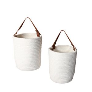 jjsqylan hanging basket(2piece) wall woven cotton rope storage basket with leather decorative baskets organizer for kitchen office bedroom,plants,towels, toys