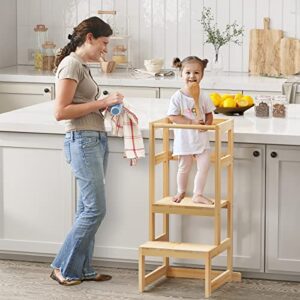 AMBIRD Toddler Step Stool, 3 Adjustable Height Kitchen Step Stool for 18-48 Months Kids, Wooden Toddler Kitchen Stool with Rail & Non-Slip Mat for Kitchen & Bathroom Sink (Natural Color)