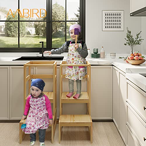 AMBIRD Toddler Step Stool, 3 Adjustable Height Kitchen Step Stool for 18-48 Months Kids, Wooden Toddler Kitchen Stool with Rail & Non-Slip Mat for Kitchen & Bathroom Sink (Natural Color)