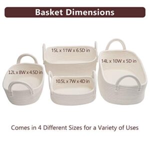 4 Set Wicker Storage Bin Baskets, Multipurpose Cotton Rope Basket Organizers with Study Handles for Baby Nursery, Laundry, Kids Toys & Stationery, Washable & Chemical Free Woven Organizer Bins, White