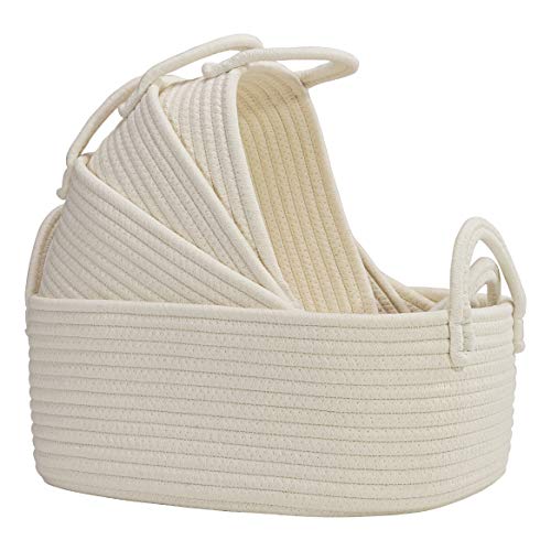 4 Set Wicker Storage Bin Baskets, Multipurpose Cotton Rope Basket Organizers with Study Handles for Baby Nursery, Laundry, Kids Toys & Stationery, Washable & Chemical Free Woven Organizer Bins, White