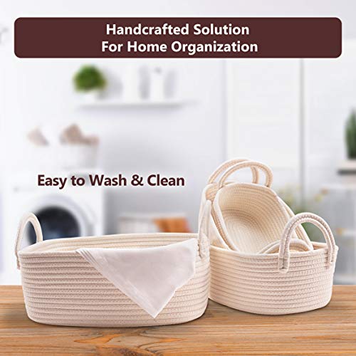 4 Set Wicker Storage Bin Baskets, Multipurpose Cotton Rope Basket Organizers with Study Handles for Baby Nursery, Laundry, Kids Toys & Stationery, Washable & Chemical Free Woven Organizer Bins, White