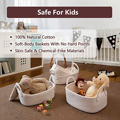 4 Set Wicker Storage Bin Baskets, Multipurpose Cotton Rope Basket Organizers with Study Handles for Baby Nursery, Laundry, Kids Toys & Stationery, Washable & Chemical Free Woven Organizer Bins, White