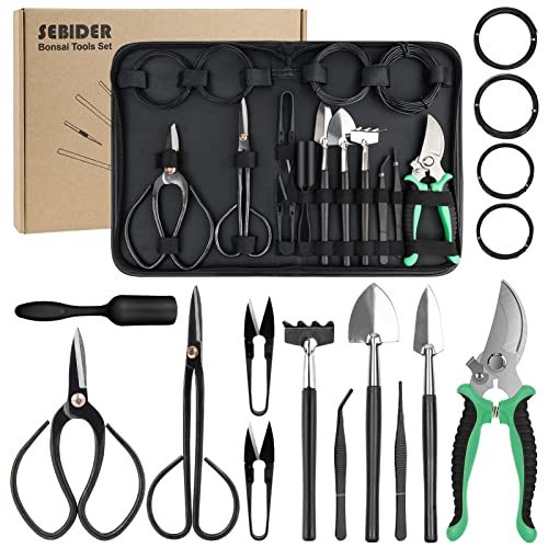 SEBIDER Bonsai Tree Kit Bonsai Tools Set Succulent Kit 16PCS Garden Hand Tool Set Include Pruning Shears, Carbon Steel Bonsai Scissors, Bonsai Starter Kit Gardening Trimming Tools