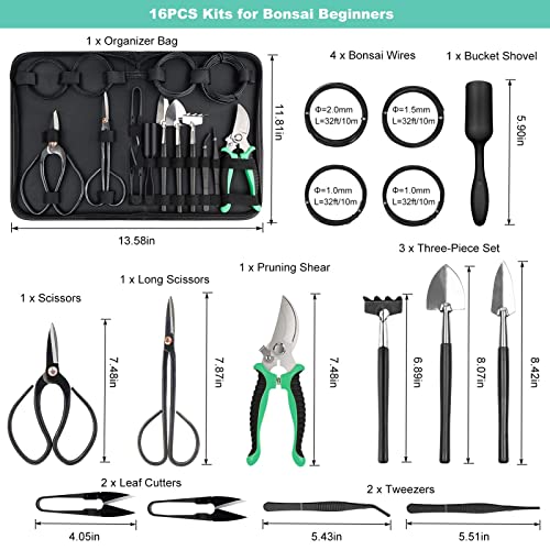 SEBIDER Bonsai Tree Kit Bonsai Tools Set Succulent Kit 16PCS Garden Hand Tool Set Include Pruning Shears, Carbon Steel Bonsai Scissors, Bonsai Starter Kit Gardening Trimming Tools