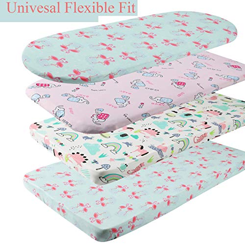 Tontukatu Bassinet Sheet Set 3 Pack Jersey Knit Ultra Soft Flexible Breathable Baby Girl Boy Fit for Halo, MiClassic, Chicco Lullago Mattress and More Flamingo Elephant Horse Lt Green Pink