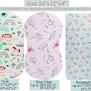 Tontukatu Bassinet Sheet Set 3 Pack Jersey Knit Ultra Soft Flexible Breathable Baby Girl Boy Fit for Halo, MiClassic, Chicco Lullago Mattress and More Flamingo Elephant Horse Lt Green Pink