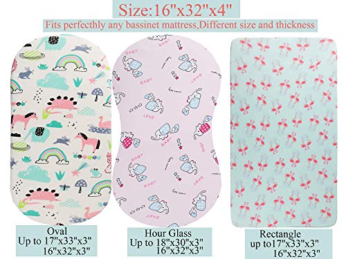 Tontukatu Bassinet Sheet Set 3 Pack Jersey Knit Ultra Soft Flexible Breathable Baby Girl Boy Fit for Halo, MiClassic, Chicco Lullago Mattress and More Flamingo Elephant Horse Lt Green Pink