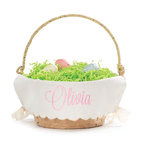 Personalized Easter Egg Basket with Handle and Custom Name in Pink Script | Scallop Edge Linen Easter Basket Liners | Tan Basket | Woven Easter Baskets for Kids and Adults | Customized Easter Basket