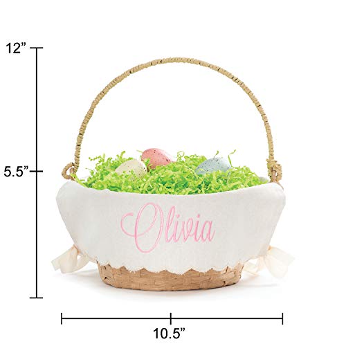 Personalized Easter Egg Basket with Handle and Custom Name in Pink Script | Scallop Edge Linen Easter Basket Liners | Tan Basket | Woven Easter Baskets for Kids and Adults | Customized Easter Basket