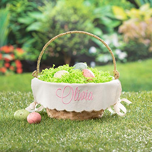 Personalized Easter Egg Basket with Handle and Custom Name in Pink Script | Scallop Edge Linen Easter Basket Liners | Tan Basket | Woven Easter Baskets for Kids and Adults | Customized Easter Basket