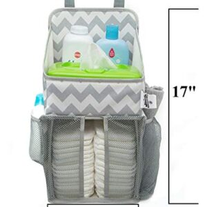 Chevron Pattern Diaper Caddy and Nursery Organizer for Newborn Baby Essentials, Hang on Crib, Baby Bed. Changing Table or Wall. Multiple Pockets to Store Wipes, Creams, Lotions, Toys and More.