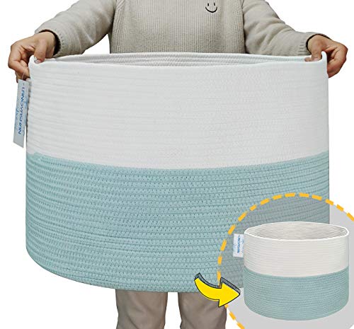 LANGYASHAN 21.65" x 13.78" XXXLarge Woven Cotton Rope Basket Decorative Blanket Basket for Living Room Toys Sofa Throws Storage Towels or Nursery Laundry Hamper Basket with Handles Laundry Basket (Blue)